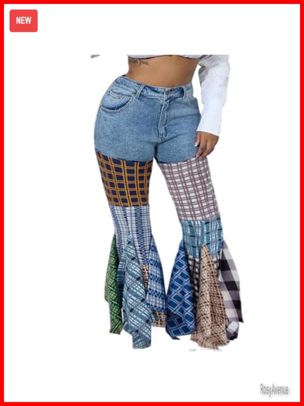 High Waist Plaid Patchwork Flare Jeans Ruffle Hem Stretch Denim Casual